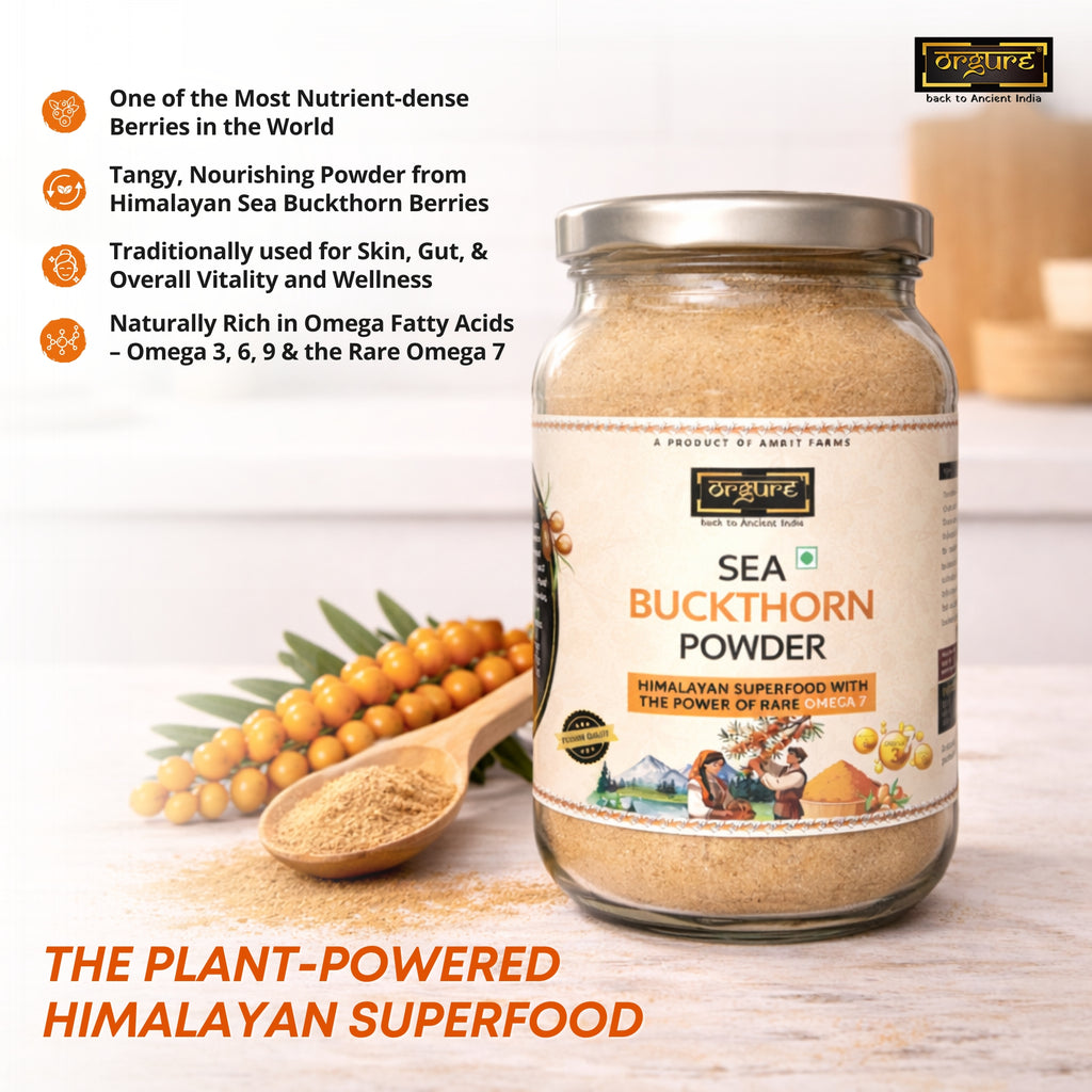 Jar of Sea Buckthorn Powder with ingredients and benefits listed on a light background