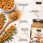 Sea buckthorn powder with berries and health benefits on a wooden surface