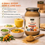 Jar of Sea Buckthorn Powder with uses listed and ingredients and a spoonful of powder on a wooden surface.