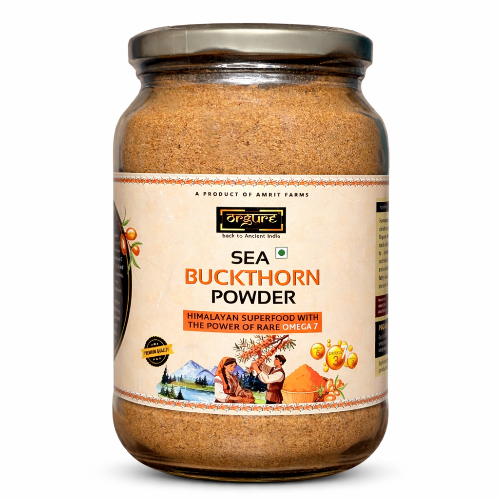 Jar of sea buckthorn powder with a white background