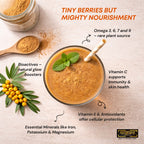 Glass of brown smoothie with berries and health benefits text on a light background